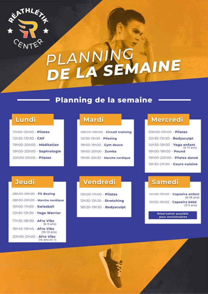 Planning de la semaine au REATHLEFIT CENTER cours collectif à la carte bien plus qu'une salle de fitness